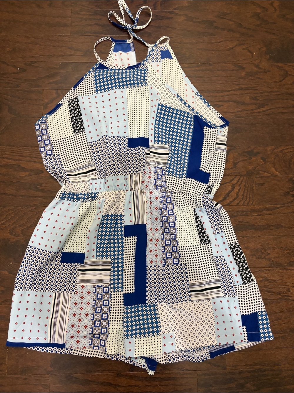 Women’s Blue Patchwork Halter Romper